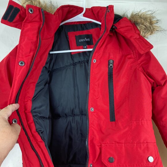 Steve Madden Girls sz L 16 Red Warm Winter Jacket Faux Fur Hood - Picture 7 of 8